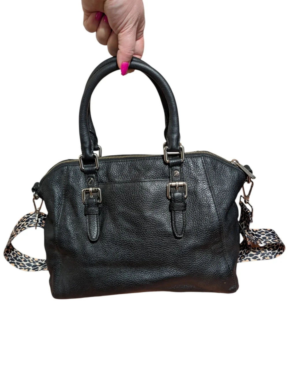 Michael Kors Black Pebbled Leather Satchel with Leopard Strap